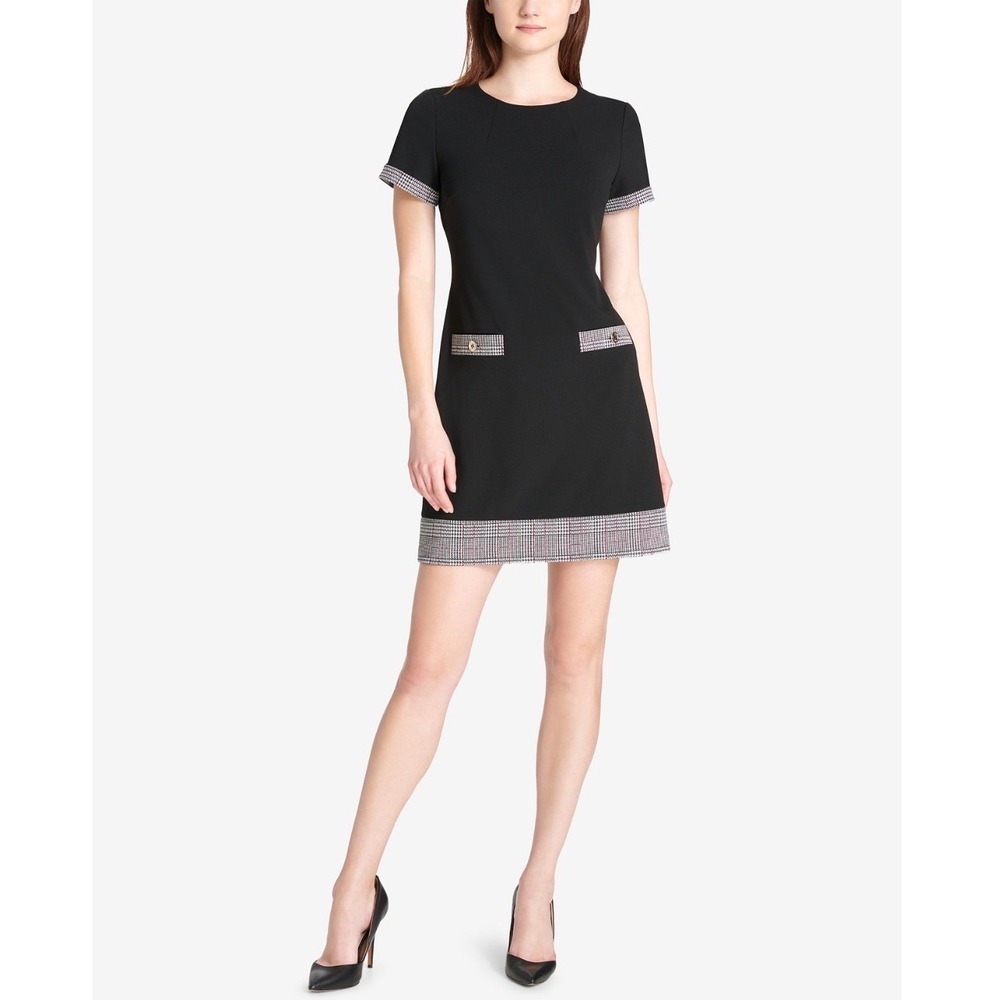 Tommy Hilfiger Black Shift Dress Plaid Trim Size 8 Classic Preppy Chic - Picture 3 of 9
